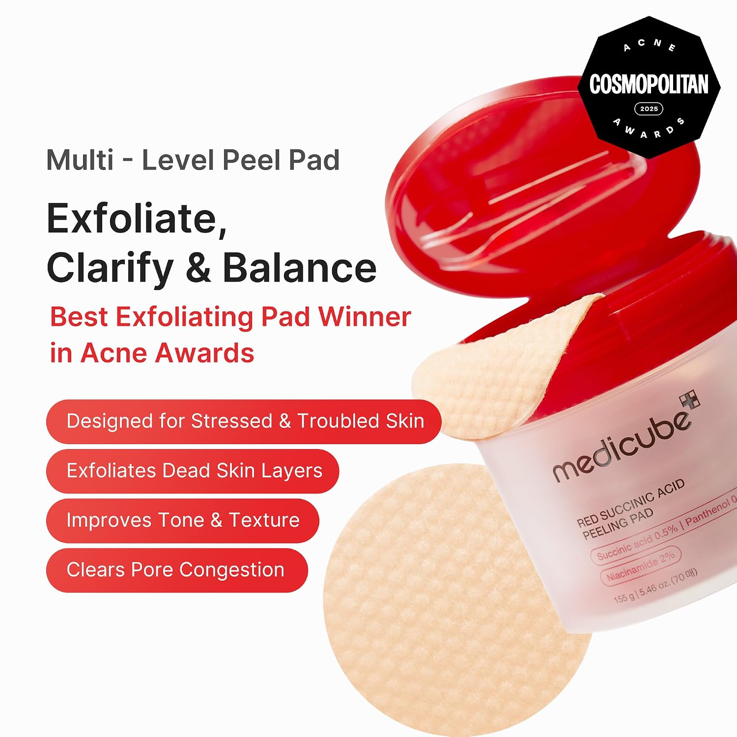 medicube Toner Pads Red Succinic Acid Panthenol Pad for Facial Peeling